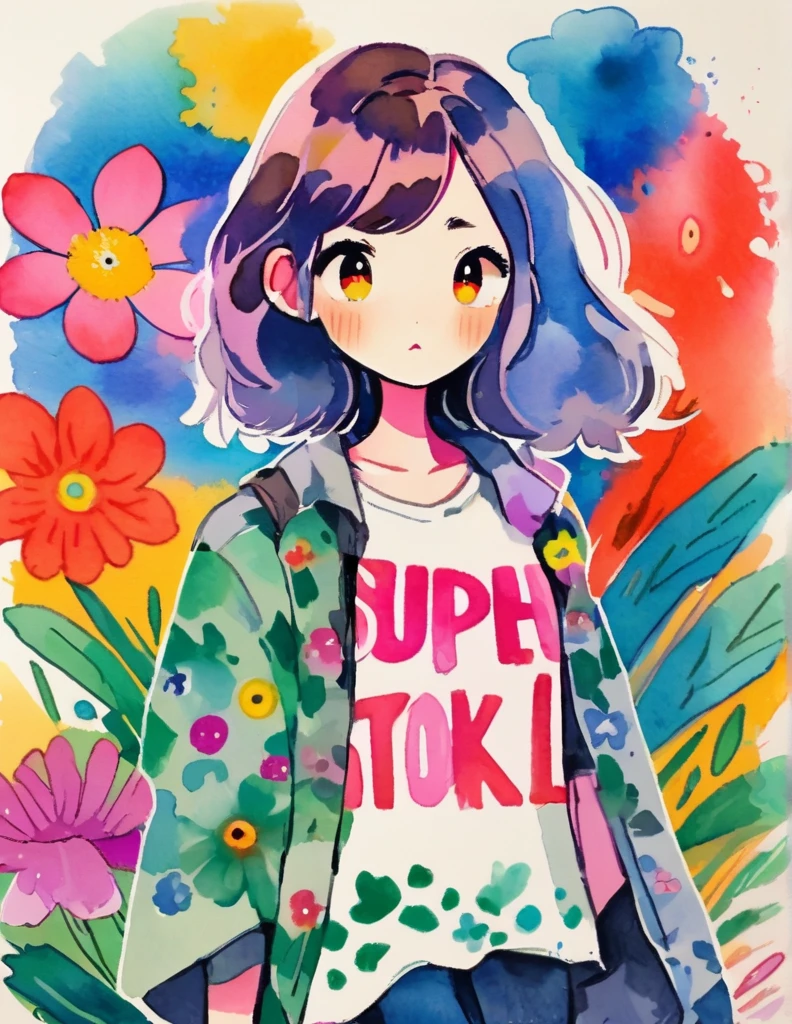 Micho Style、(((stylish fashion))), 8K Quality、Intense watercolor, Detailed watercolor art, Watercolor splash, Surreal, avant-garde pop art, Beautiful and expressive paintings, Beautiful artwork illustration, Very colorful tones, wonderful, Cool beauty, highest quality、Official Art, Vector art, Stylish design, (((The most beautiful girl))), (((highest quality))), HDR, ((detailed)), (((Doodle Art)), ((masterpiece)), ((Super detailed)), (((Colorful flowers))),(((Stylish)))