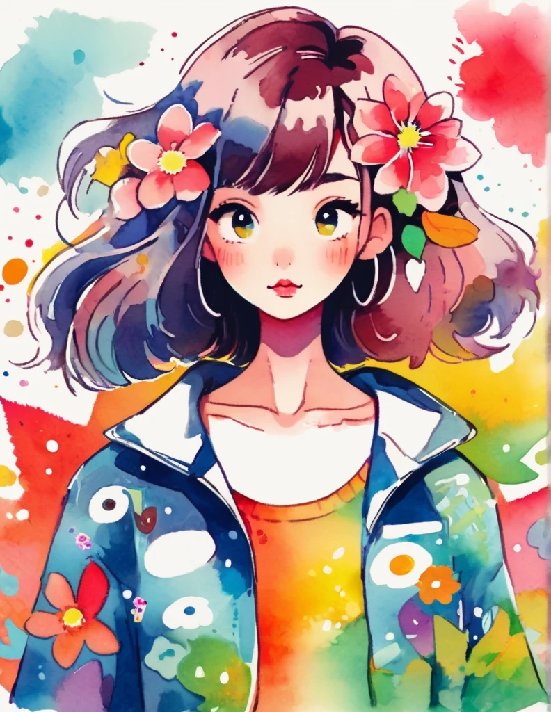 Micho Style、(((stylish fashion))), 8K Quality、Intense watercolor, Detailed watercolor art, Watercolor splash, Surreal, avant-garde pop art, Beautiful and expressive paintings, Beautiful artwork illustration, Very colorful tones, wonderful, Cool beauty, highest quality、Official Art, Vector art, Stylish design, (((The most beautiful girl))), (((highest quality))), HDR, ((detailed)), (((Doodle Art)), ((masterpiece)), ((Super detailed)), (((Colorful flowers))),(((Stylish)))