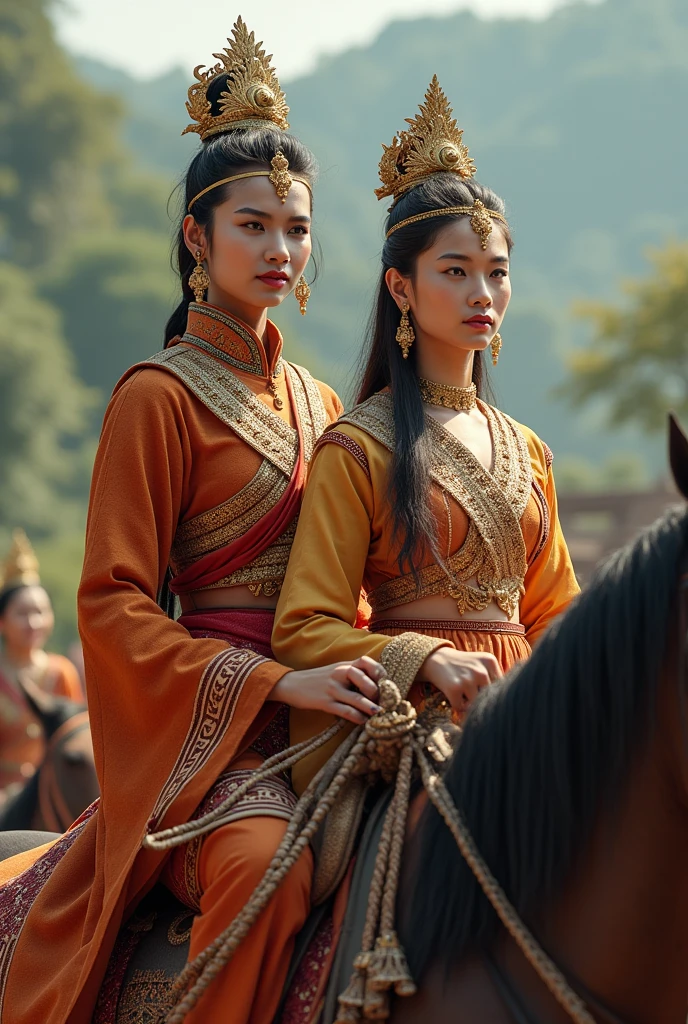 A royal burmese warrior Queen riding royal horse.She dressing like a male  myanmar warrior and her face is mor brave and also beautiful Royal Shan princess is on horse together.They are riding one horse together