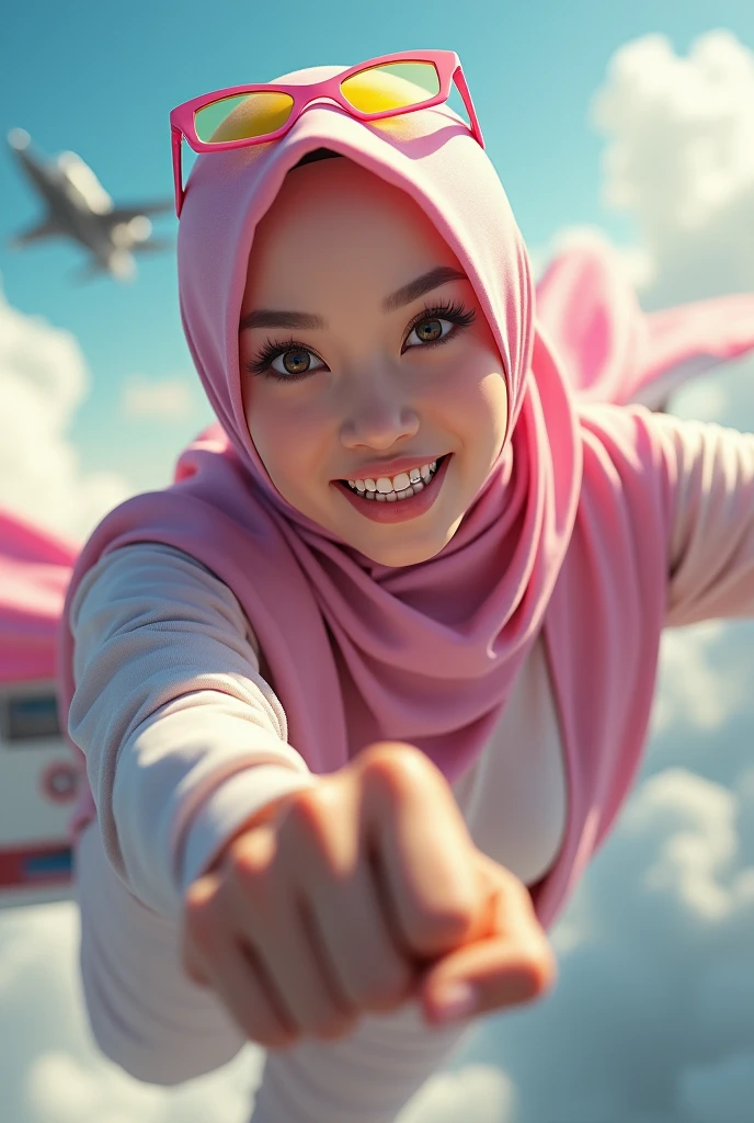 Malaysia japan women a realistic masterpiece. Human .wear pink watch.. 1girl wearing a hijab. detailed beautiful face, Hijab Muslim. Wear long sleeve moder design mixed sew pink white loose size. Small detail ,cargo suit , jacket pink. Pink cargo pant.. . anger face, minimalist flower on shirt. . anger face. Open mouth. Wear pink white. Wear small Safety Pink yellow glasses google spectacle top on head. . Age 20 year old. Flying position. Fast fly. Panning effect Photography . Flying have a super strong power.. punch. Flying beside jetfighter . Fight pose. Bokeh background. fist front.. At high sky, lot of cloud , detailed lips, long eyelashes. Hero, modest expression, delicate facial features, natural skin tones, , detailed folds and textures of hijab, natural lighting, high quality, photorealistic, 8k, best quality. Malaysia girl. . ). . . Braces teeth. Boleh background. Panning effect. Fast flying.