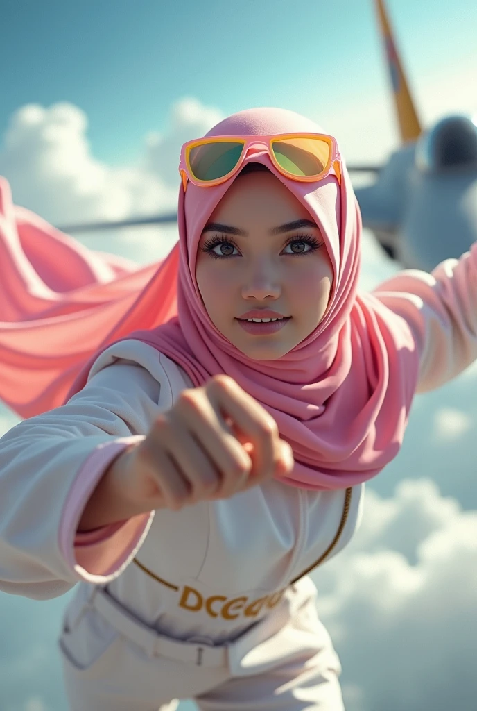 Malaysia japan women a realistic masterpiece. Human .wear pink watch.. 1girl wearing a hijab. detailed beautiful face, Hijab Muslim. Wear long sleeve moder design mixed sew pink white loose size. Small detail ,cargo suit , jacket pink. Pink cargo pant.. . anger face, minimalist flower on shirt. . anger face. Open mouth. Wear pink white. Wear small Safety Pink yellow glasses google spectacle top on head. . Age 20 year old. Flying position. Fast fly. Panning effect Photography . Flying have a super strong power.. punch. Flying beside jetfighter . Fight pose. Bokeh background. fist front.. At high sky, lot of cloud , detailed lips, long eyelashes. Hero, modest expression, delicate facial features, natural skin tones, , detailed folds and textures of hijab, natural lighting, high quality, photorealistic, 8k, best quality. Malaysia girl. . ). . . Braces teeth. Boleh background. Panning effect. Fast flying.