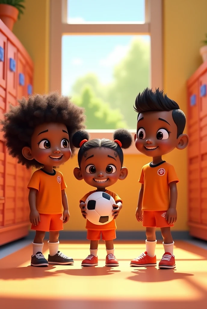 Create a bright, colorful image of three characters, two girls and a boy in a locker room, wearing orange soccer uniforms. The first girl is a 5-year-old girl with curly black hair. The second girl, also 5, is standing while holding a soccer ball. The boy, an 8-year-old boy with brown skin and short black hair. This scene is shot in full, disney 3d style
