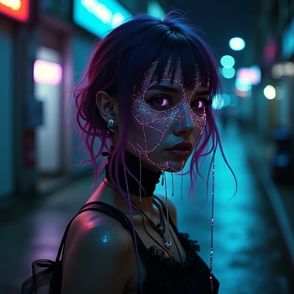 Dark shot, city street, pastel goth, sexy goth girl, photo of cute 2 redhead woman, cinematic shot, hard shadows, photorealistic, cute face, looking at viewer, Abstract style mysterious figure emerges from the shadows in a tangled mess of iridescent wires and glowing mesh, color splash 1girl, extreme close-up, face hidden behind layers of glitched wavy distortions, Non-representational, colors and shapes, expression of feelings, imaginative, highly detailed
