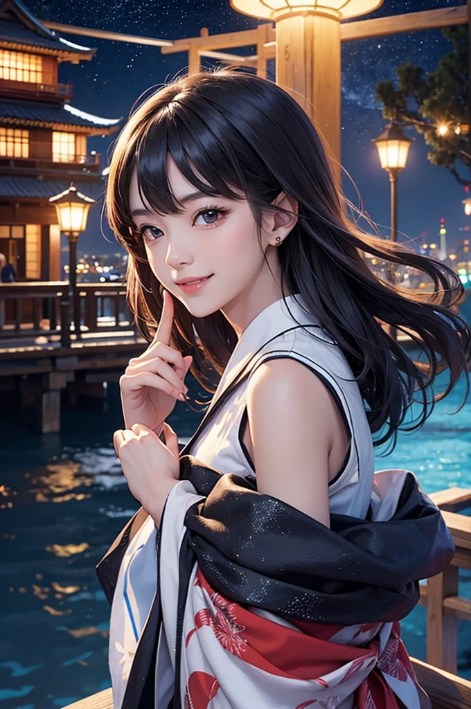 anime style, super fine illustration, highly detailed, dynamic angle, beautiful detailed, 8k, On a summer night, at the observatory at the top of the mountain, BREAK A the Japanese clothing young girl with a smile., transfixed by the beautiful night view of the city, is taking a selfie. Her eyes are shining and she is smiling. BREAK The night view sparkles in the background.