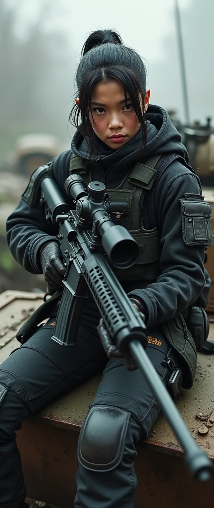 bleak gritty action edgy so much swagger trained marine corp militant asian female solider with serious expresion with an attitue vengance she adorn with pony tail hairstyle adorn hip hop rap style in kevlar black military attire armour sniper rifle on recline on a tank aiming sniper absolute disrespect bad-mannered