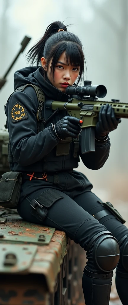 bleak gritty action edgy so much swagger trained marine corp militant asian female solider with serious expresion with an attitue vengance she adorn with pony tail hairstyle adorn hip hop rap style in kevlar black military attire armour sniper rifle on recline on a tank aiming sniper absolute disrespect bad-mannered
