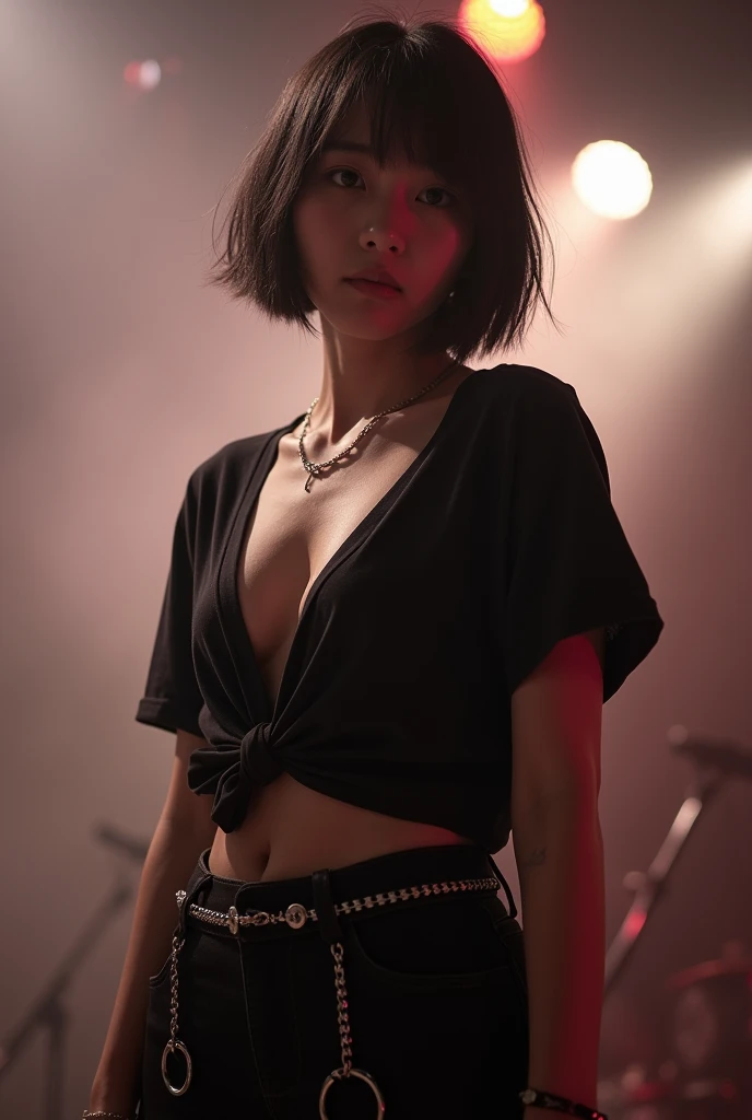 ペニスが押し込めるほどLarge Breastsの谷間、Live footage、18-year-old female。Asian woman with short bob、Straight hair、band、skirt、Beautiful Face、punk、Large Breasts、Satomi Ishihara、black t-shirts、Live house stage lighting、smoke、haze、Alice Hirose、Solo artist、skirtめくり、
