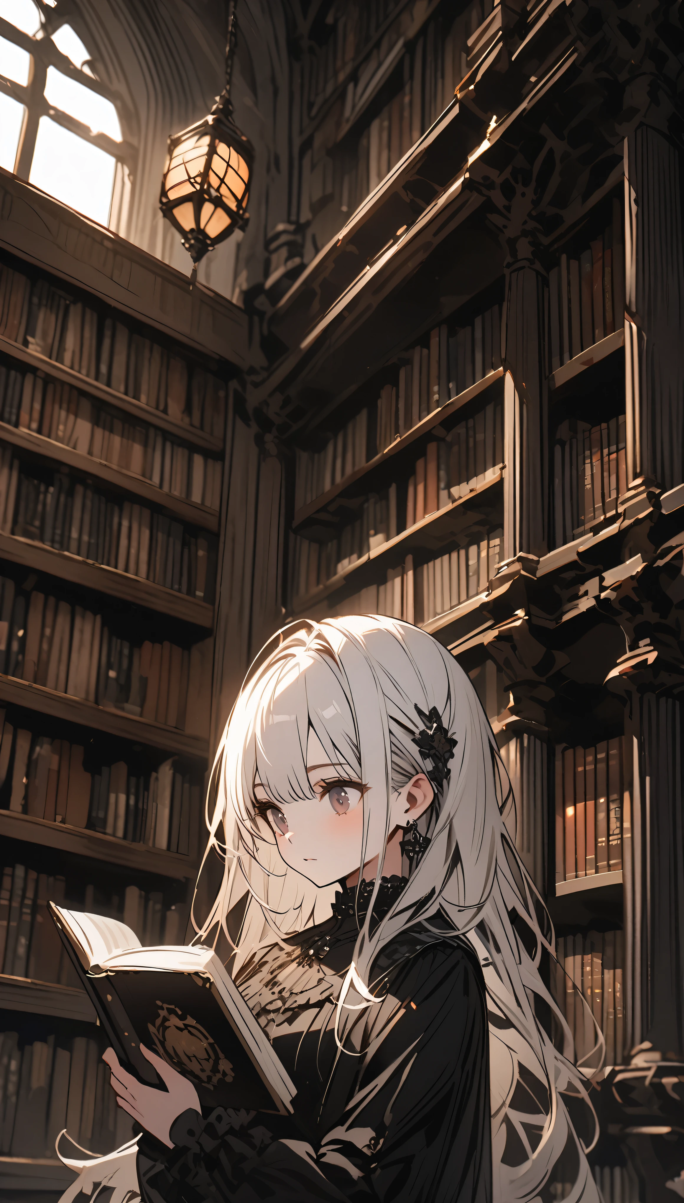 Beautiful girl with white hair,Wearing a black gothic skirt,Standing next to the bookshelf and reading a book,library,A metal lantern is placed nearby.,solo,Character Close-up,Detailed characters