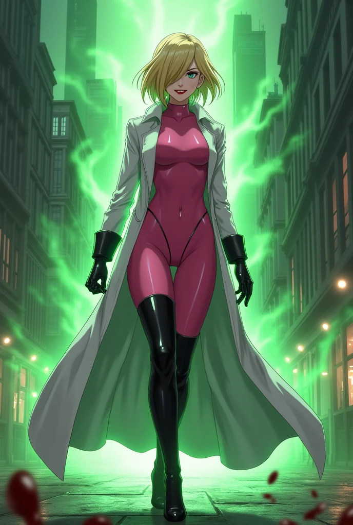 Anime style, Sultry and Beautiful young woman with a soul of pure evil and hatred. Short blonde hair that covers her left eye and blue eyed supervillain dressed in a sleek skintight pink bodysuit, long black gloves and black calf high boots. A long white lab coat over her bodysuit competes the look.  She is posing and emanating green energy. She has a smile crossing her thin red lips. The setting is a city. She is killing people with her poisonous vials.  Lots of blood and melting. 