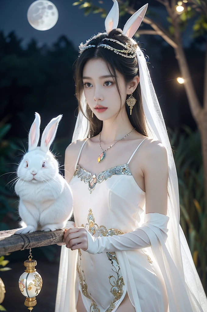 (((best quality))),(((ultra detailed))),(((masterpiece))),illustration,((1 beautiful girl,fairy,Chang'e,solo)),(long straight bob:0.8),((earrings,necklace)),((slim,thin)),((small breasts,flat chest)),(magnificent white Chinese sheer dress:1.3),(stockings:1.3),((moon,Mid-Autumn Festival)),(standing:1.3),(on the moon:1.3),(in luxurious crystal palace:1.3),face bright,exquisite patterns,gold and silver threads,charming,hair accessory,silver hairpin,gemstones,brilliance,luxurious decorations,gold and silver jewelry,transparent windows,crystal balls,gemstone towers,bright moonlight,mysterious and beautiful,enjoy,story of Chang'e,fairyland,(night scene:1.3),((from front,upper body)),(a white rabbit:1.5)