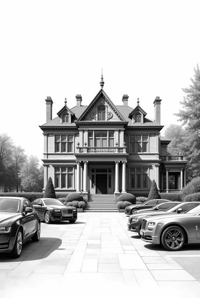 A big expensive mansion and cars draft sketch, black and white color.