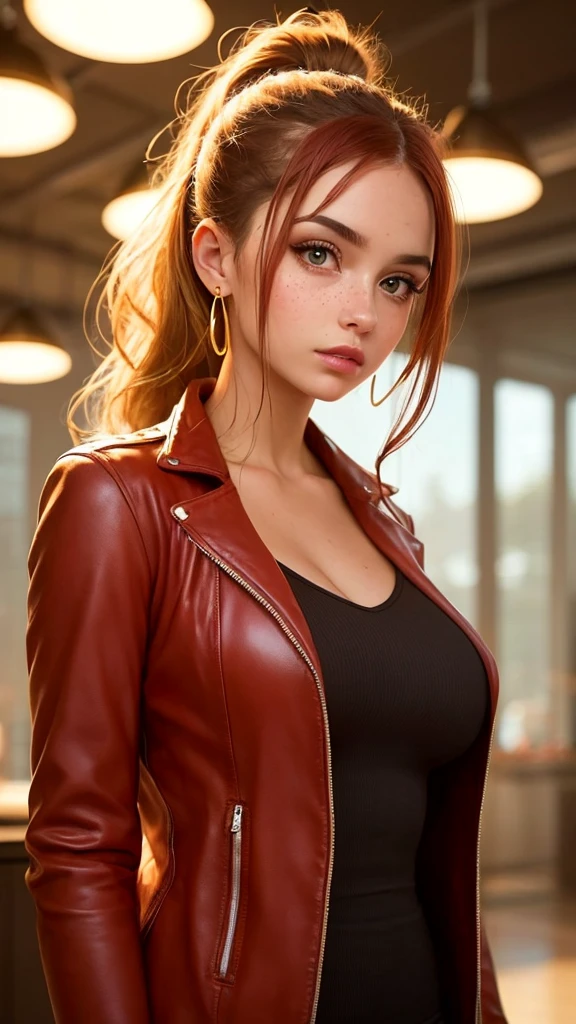 A young lady rs, with long bright red hair, wavy hair, tied in a side ponytail, with air bangs. She has green eyes. She is wearing a red leather jacket. She is naked underneath. She has an athletic figure. She is wearing gold earrings. Looking directly into the camera. She has fair skin, freckles, constricted pupils, parted lips, large breasts, perfect lips, perfect nose, cute face, baby facealism, cinematic lighting, jpeg artifacts, bokeh, textured skin, UHD, best quality, masterpiece, high details, bust chart, close-up view