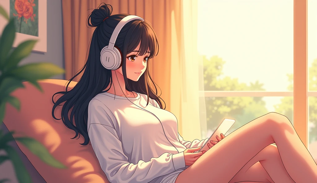 morning、Listen to music in the room、high school girl、Big Breasts、 relax、White sweatshirt、long hair、Tying up hair、Use headphones, Bright environment、2D-style animation, Lo-Fi、Retro、Anime style illustrations、Line art with clear outlines