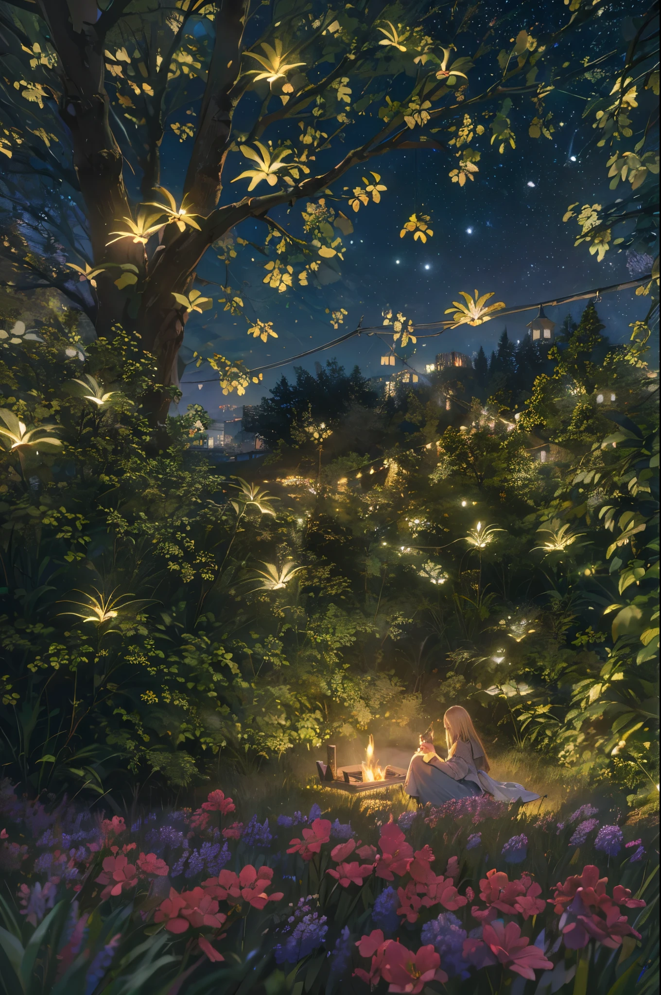 (8k, Highest quality, masterpiece: 1.2), (Realistic, photoRealistic: 1.37), Super Detail, one person's, Wide viewing angles, Firefly Garden, There are lots of little faint lights and fireflies flying around, night