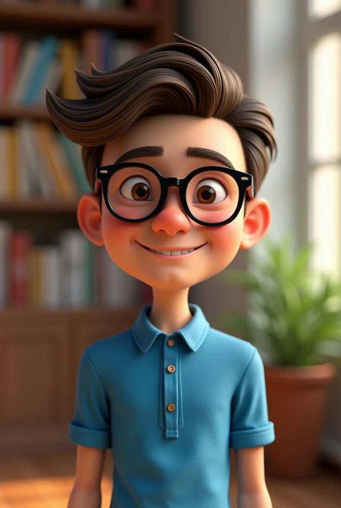 A 3D render of a stylized Pixar-style animation of a man with black glasses and a blue shirt. The man has friendly face. The background is a blurred image of a room with bookshelves and a plant. The lighting is cinematic with a soft focus on the man.