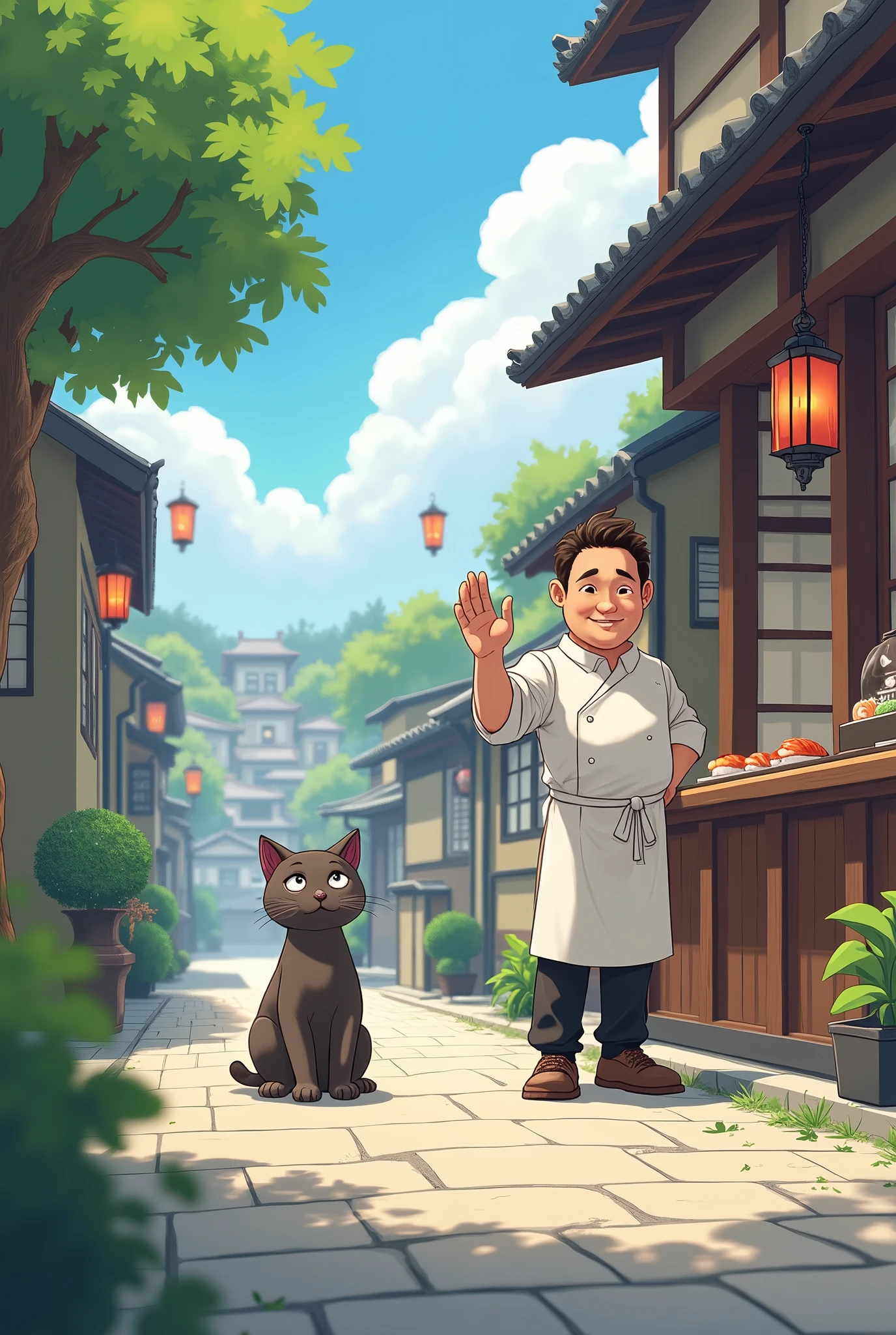 one day、A cat comes to a peaceful town、Follow the delicious smell to the sushi restaurant。There、Picked up by a kind sushi chef、Will work as an assistant。