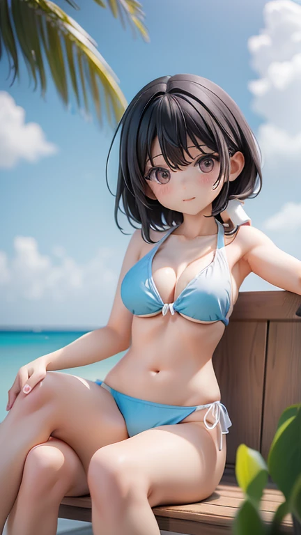 Swimwear、Girl、Black Hair,、、whole body、Sitting with legs crossed