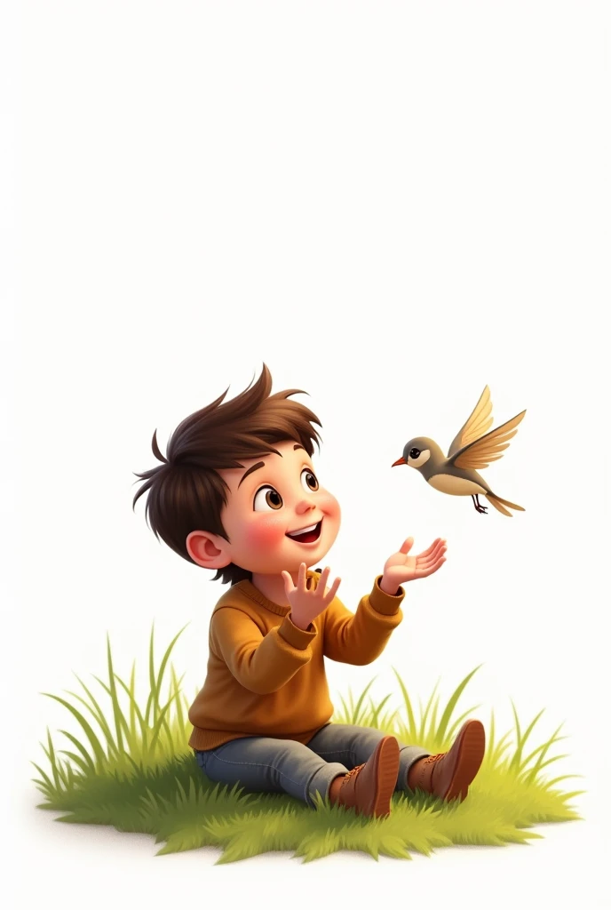 white background,best quality,little smart boy,siting on grass,look at the little bird,raising his hands to the little bird,cute beautiful little bird flying,cute boy smiling