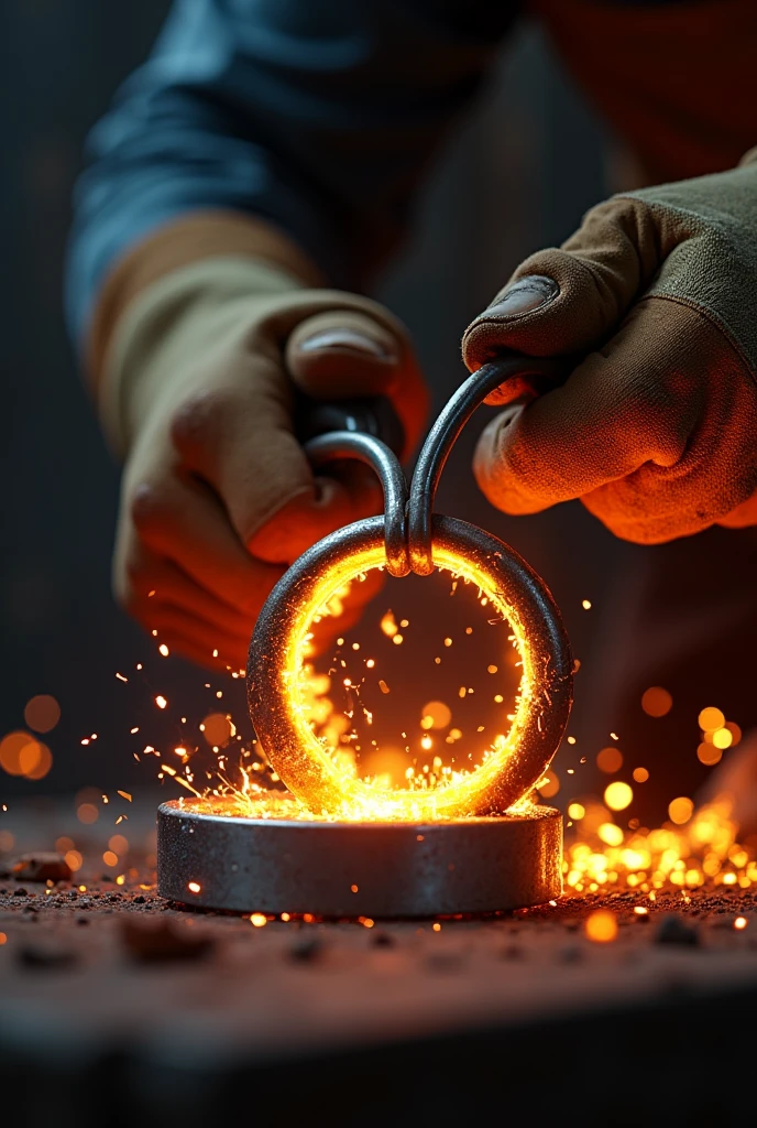 Arms and hands welding a ring with fire