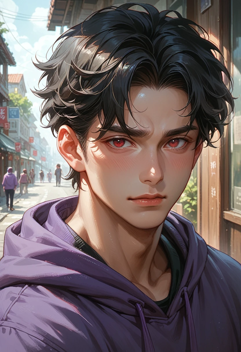 1 boy, handsome boy, black hair, comma hair, forehead comma hair, korean hair, street style, Purple hoodie, shiny, Red eyes, looking at viewer, upper body, shy face