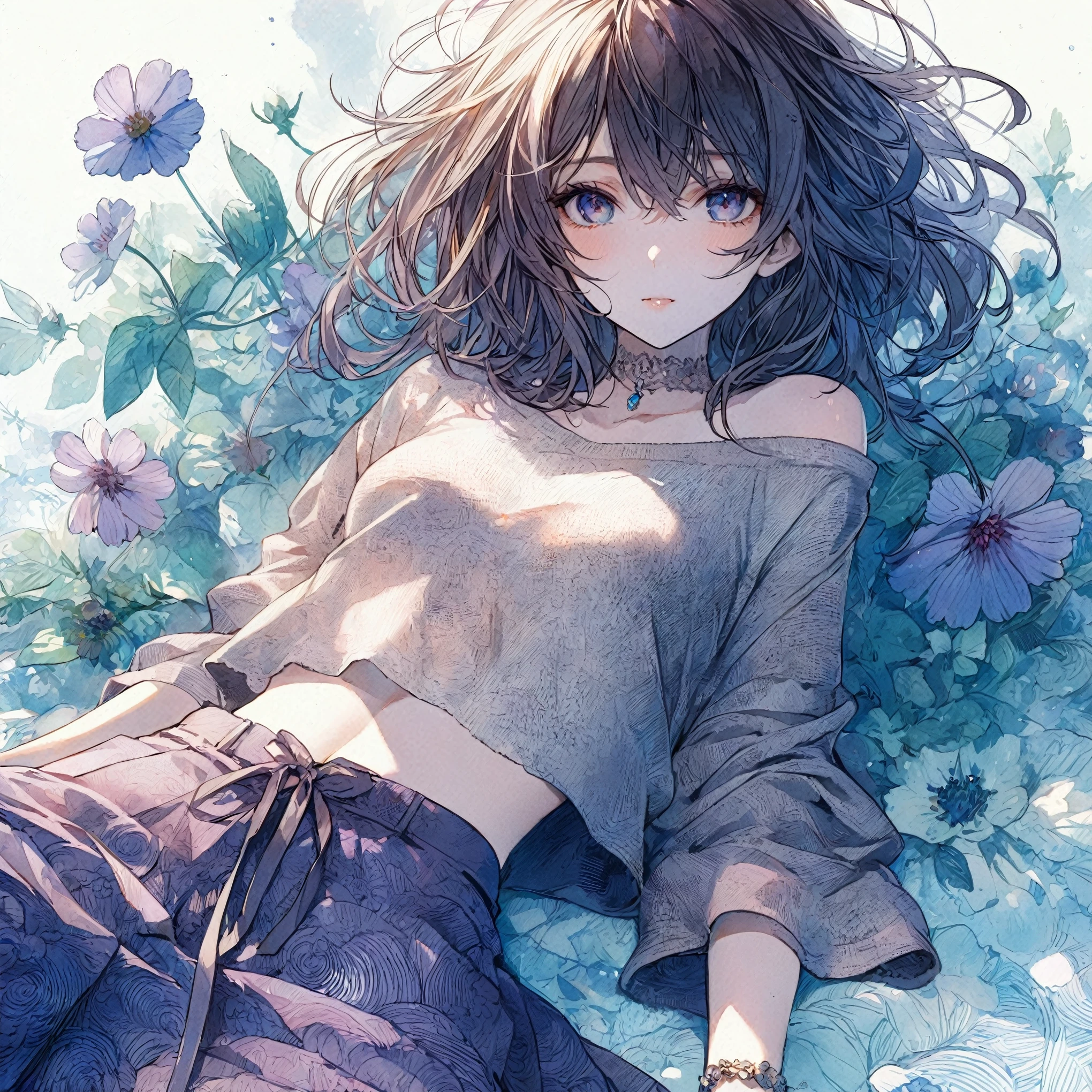 Official art using high-quality hand-drawn watercolor sketch techniques. (best quality,4k,8k,highres,masterpiece:1.2),ultra-detailed,beautiful detailed eyes,A girl with beautiful eyes, everyone, beautiful anime girl, cute anime girl, smooth anime art, anime style, elegant colors, soft lighting, delicate beautiful eyes, very coquettish, (beautiful large breast:1.2), (correct hands:1.2),