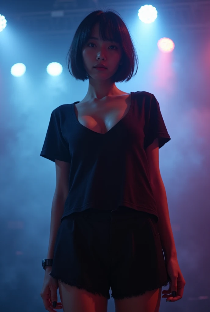 ペニスが押し込めるほどLarge Breastsの谷間、Live footage、18-year-old female。Asian woman with short bob、Straight hair、band、skirt、Beautiful Face、punk、Large Breasts、Satomi Ishihara、black t-shirts、Live house stage lighting、smoke、haze、Alice Hirose、Solo artist、skirtめくり、