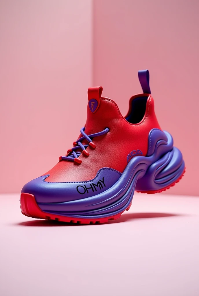 An original shoe with red and purple colors with the words Ohmy on the sole