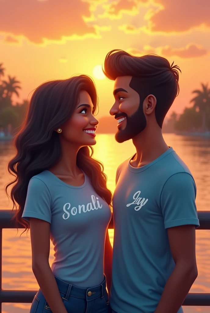 A couple on sunset there have a river and both are wearing a t-shirt and boy t-shirt print with Jay and it's color is light blue and girls t-shirt is printed with Sonali. Face with camera side with love and smile face look each other.and both are having Indian face girl is quite chubby and boy is slim with light beard