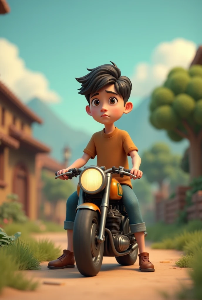 18+Young tall boy sad in village ai 3d image cartoon type with cafe racer bike sitting 