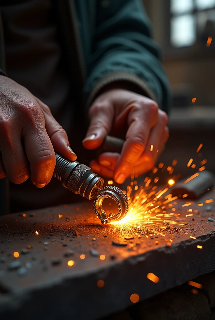hands welding a ring with fire