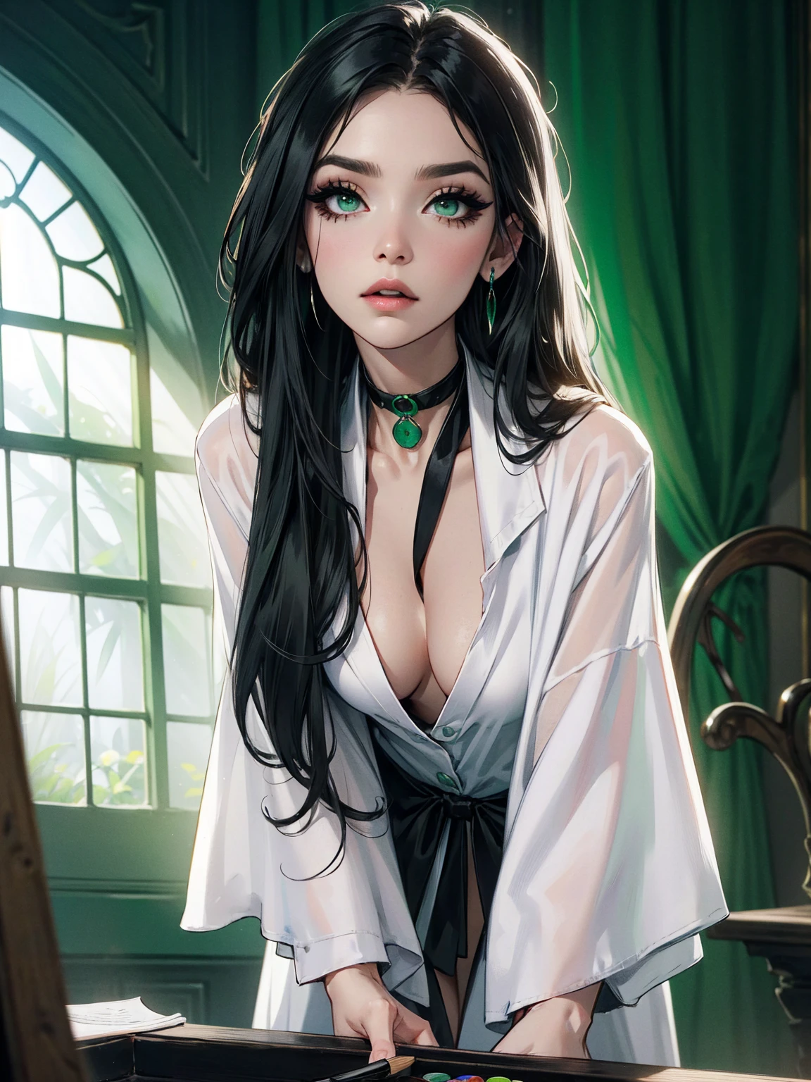 emo_hairstyle, (piercings), (black necktie), ((long hair)), ((straight hair)), (((black hair))), side swept bangs, white skin, pale, white, (green eye), tired expression, choker, ((dark makeup, mascara, eyeshadow)), multiple piercings, best quality, 8k, dark laboratory, dim lighting, white shirt, erotic, slytherin, black and white robes, (small breasts, cleavage, strap gap, leaning forward, hanging breasts), hogwarts robes. (((small breasts)))