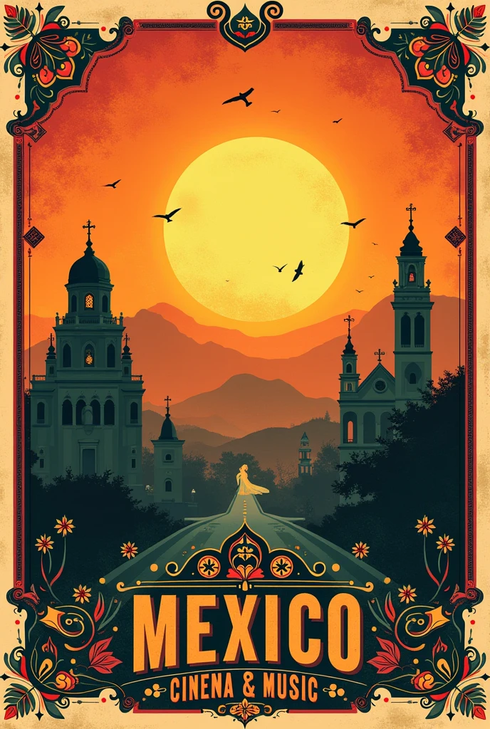 Can you make me an old literature poster?, Mexican cinema and music. Without people and with Mexican elements