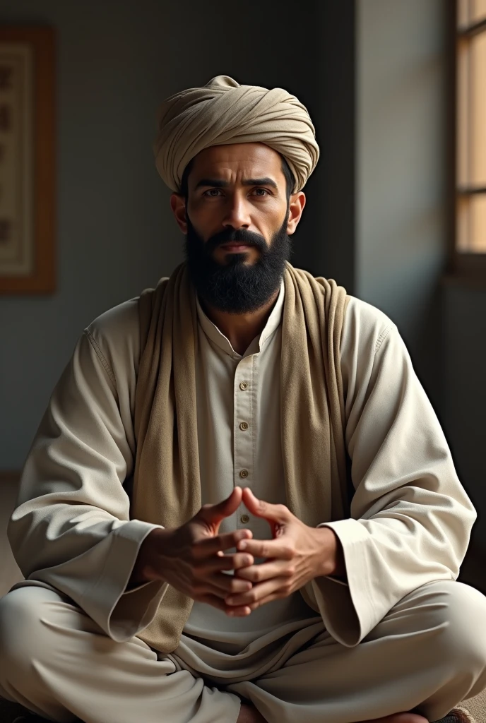 Photorealism:1.2), man, muslim,sit down, teach, facing forward, close up