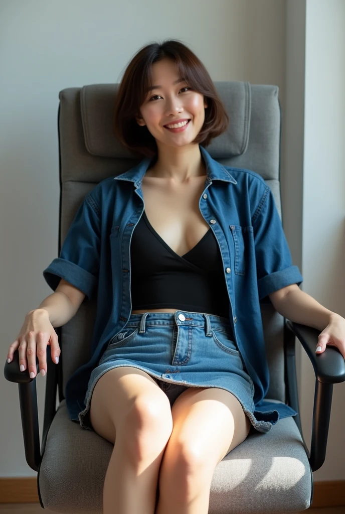 Beautiful Japanese office lady、Denim skirt、t-shirt、open shirt、open topwear、cleavage cutout、Panty peeking、White panties、smile、View your viewers、Please stretch your legs and rest.、、short hair、White Background、Sit on a chair、Flash photography