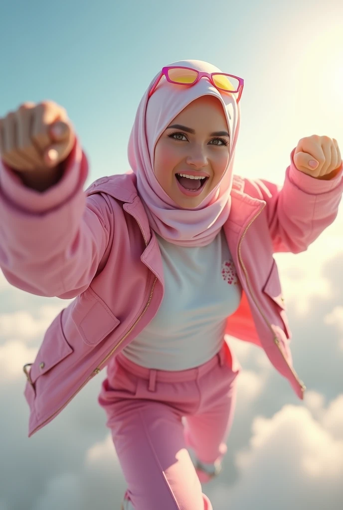 Malaysia japan women a realistic masterpiece. Human .wear pink watch.. 1girl wearing a hijab. detailed beautiful face, Hijab Muslim. Wear long sleeve moder design mixed sew pink white loose size. Small detail ,cargo suit , jacket pink. Pink cargo pant.. . anger face, minimalist flower on shirt. . anger face. Open mouth. Wear pink white. Wear small Safety Pink yellow glasses google spectacle top on head. . Age 20 year old. Flying position. Fast fly. Panning effect Photography . Flying have a super strong power.. punch. . Fight pose. Bokeh background. fist front.. At high sky, lot of cloud , detailed lips, long eyelashes. Hero, modest expression, delicate facial features, natural skin tones, , detailed folds and textures of hijab, natural lighting, high quality, photorealistic, 8k, best quality. Malaysia girl. . ). . . Braces teeth. Boleh background. Panning effect. Fast flying.