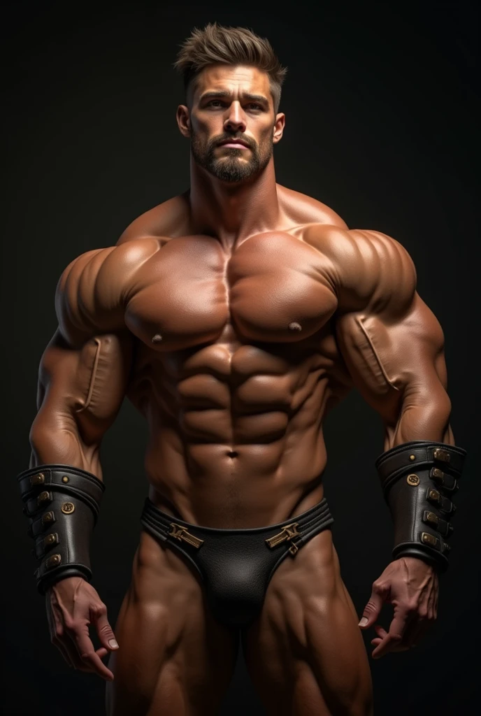 Hot naked muscle bodybuilder man with leather