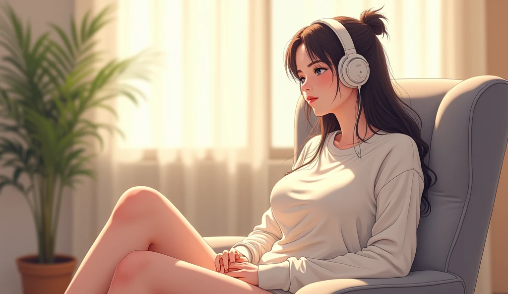 morning、Listen to music in the room、Sit on a chair、high school girl、Big Breasts、 relax、White sweatshirt、long hair、Tying up hair、Use headphones, Bright environment、2D-style animation, Lo-Fi、Retro、Anime style illustrations、Line art with clear outlines