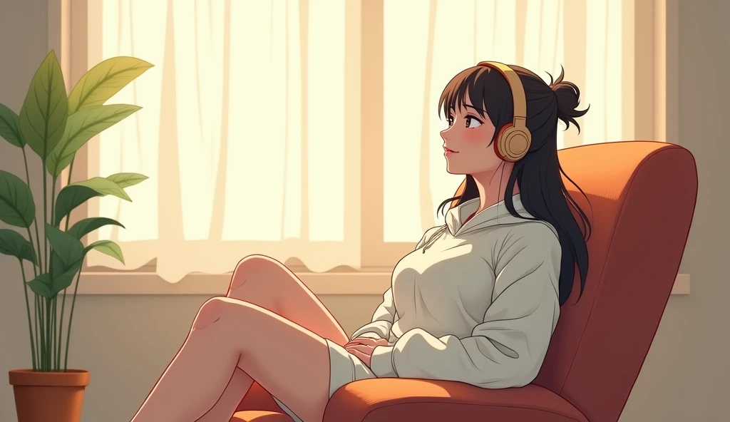 morning、Listen to music in the room、Sit on a chair、high school girl、Big Breasts、 relax、White sweatshirt、long hair、Tying up hair、Use headphones, Bright environment、2D-style animation, Lo-Fi、Retro、Anime style illustrations、Line art with clear outlines
