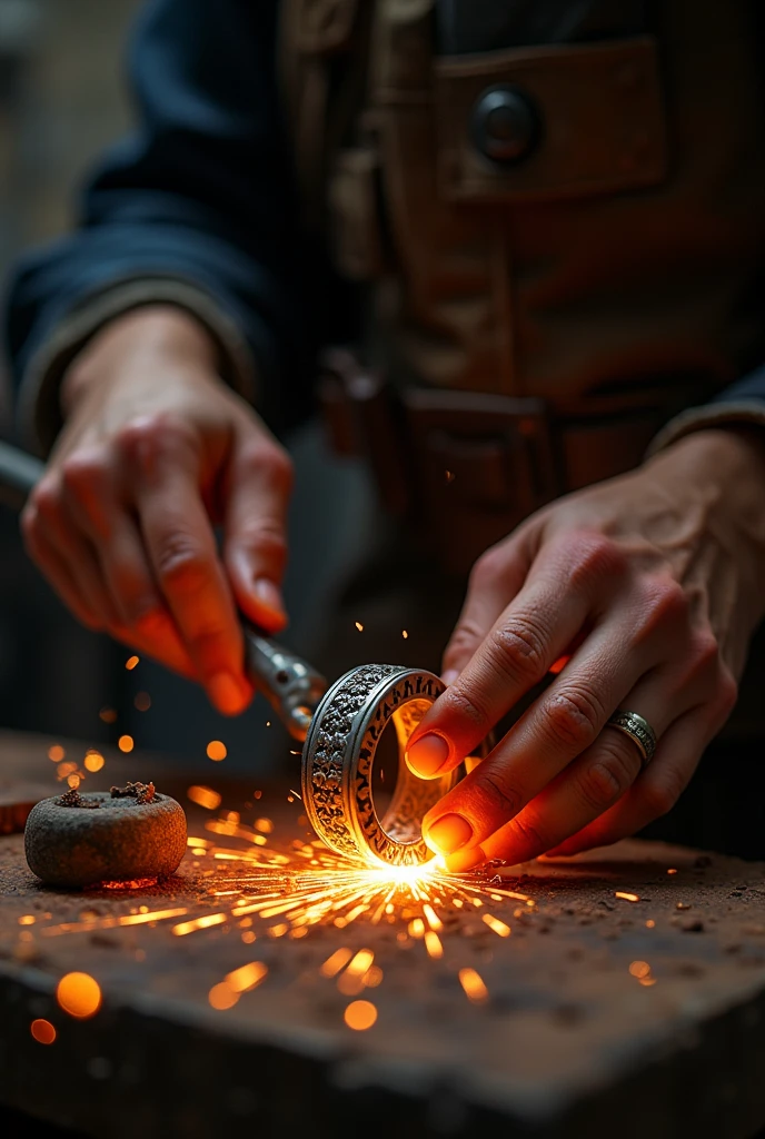 hands welding a ring with fire