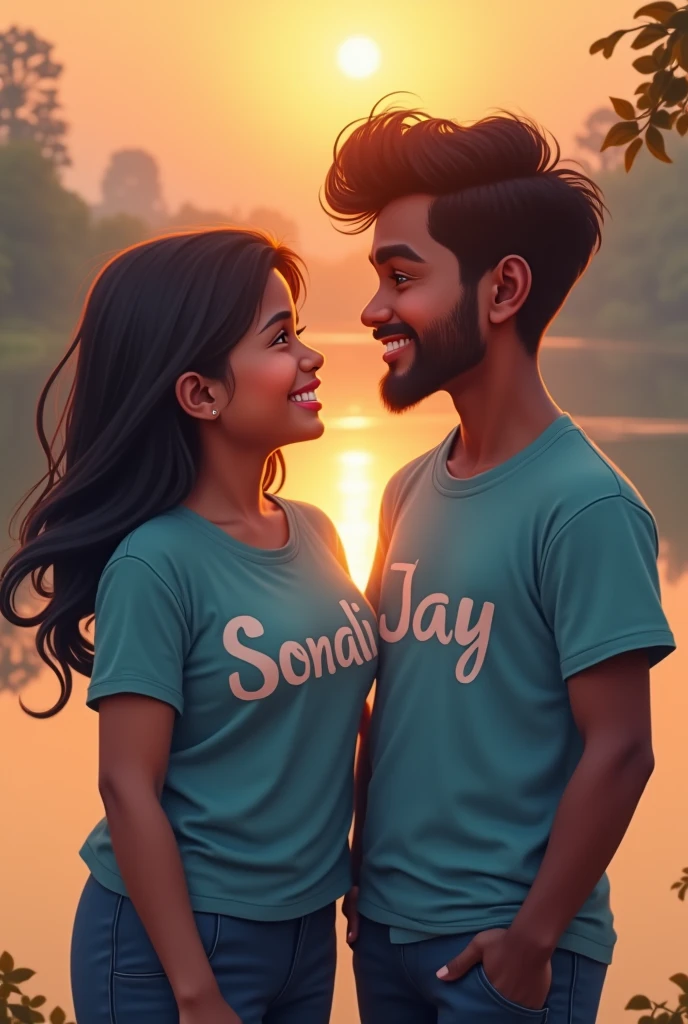 A couple on sunset there have a river and both are wearing a t-shirt and boy t-shirt print with Jay and it's color is light blue and girls t-shirt is printed with Sonali. Face with camera side with love and smile face look each other.and both are having Indian face girl is quite chubby and boy is slim with new growth beard