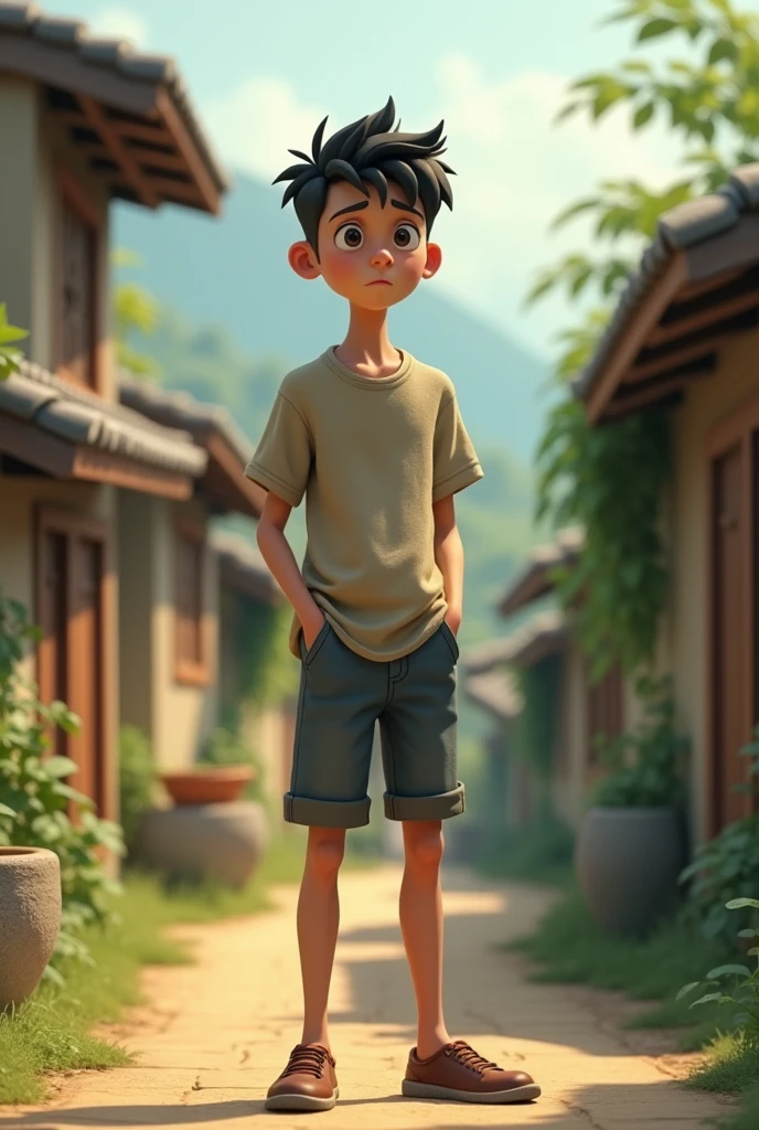 18+Young tall boy sad in village ai 3d image cartoon type 