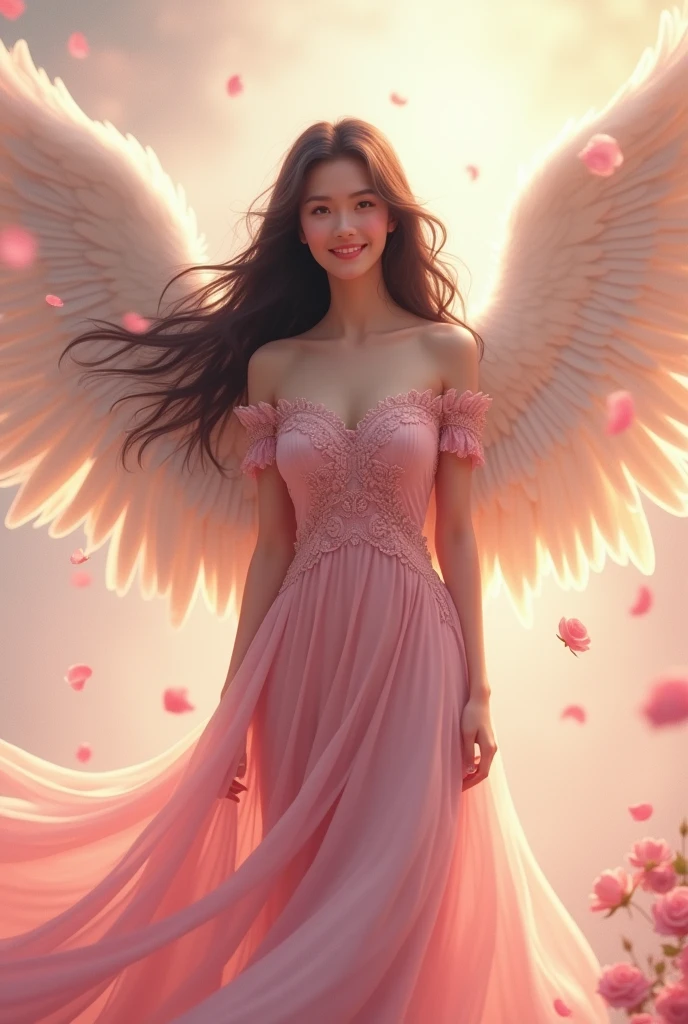 Woman angel with wings pink clothes with roses on her head wings long black hair smiling wide