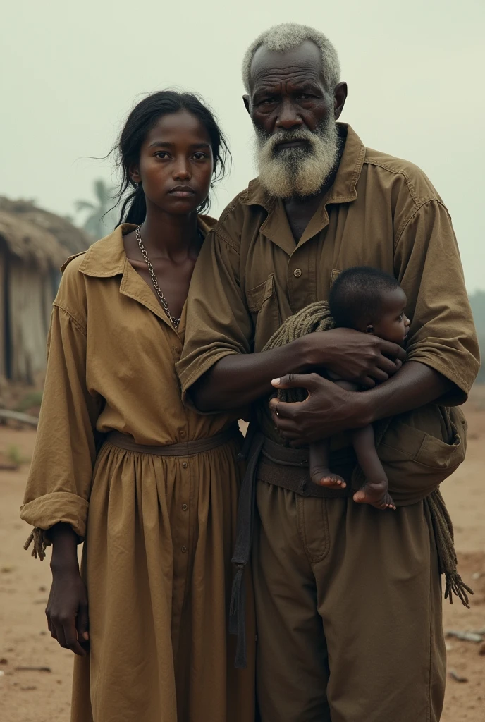 -yeld wh girl with her partner, 60-year-old black man carrying a black baby in eme poverty in the year 1.c