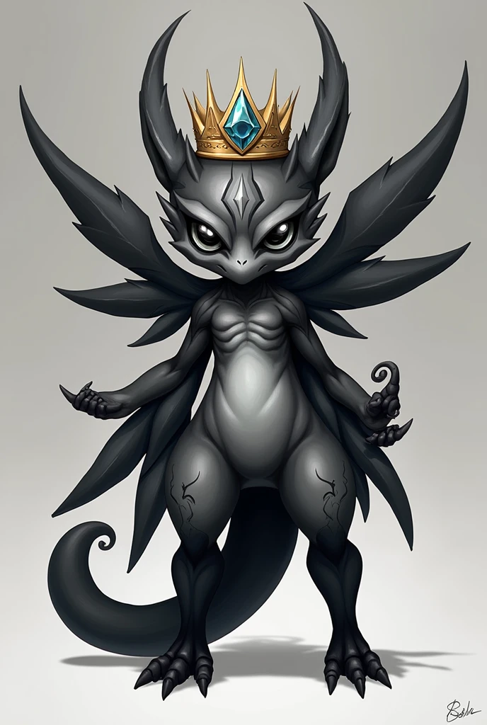 Character inspired by a king of music with a head that looks like a musical note with a crown with a black gem that looks like a treble clef a body with a tail wings black and white eyes black legs black arms no mouth is a unique side of a dangerous fighter character 