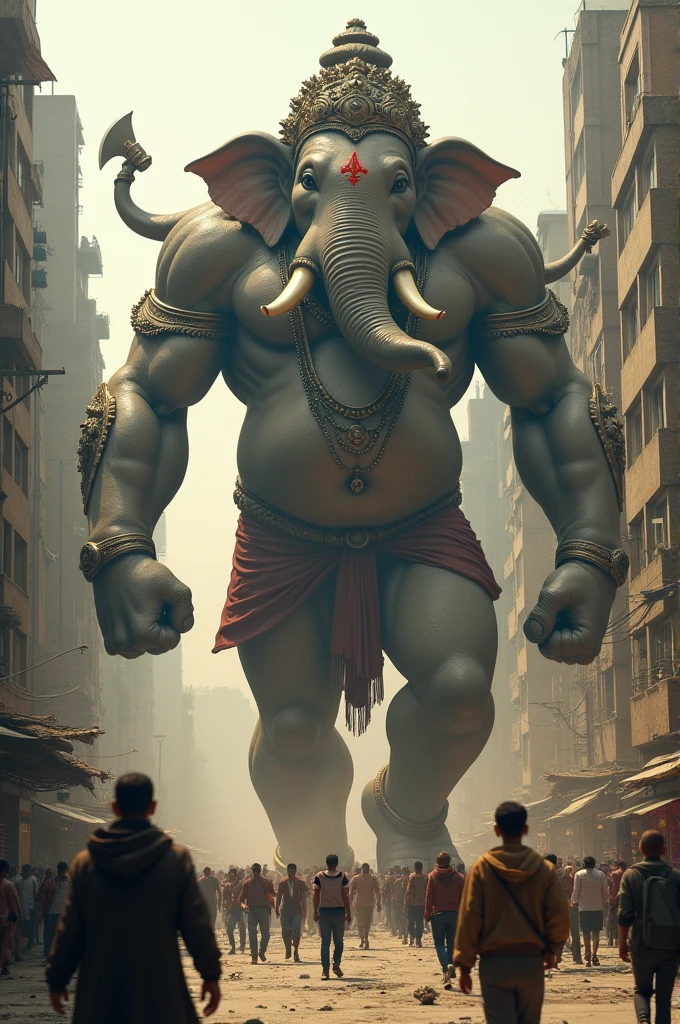 An Indian giant with an elephant head and four arms, modelled on Ganesha, rampaging through the city streets
