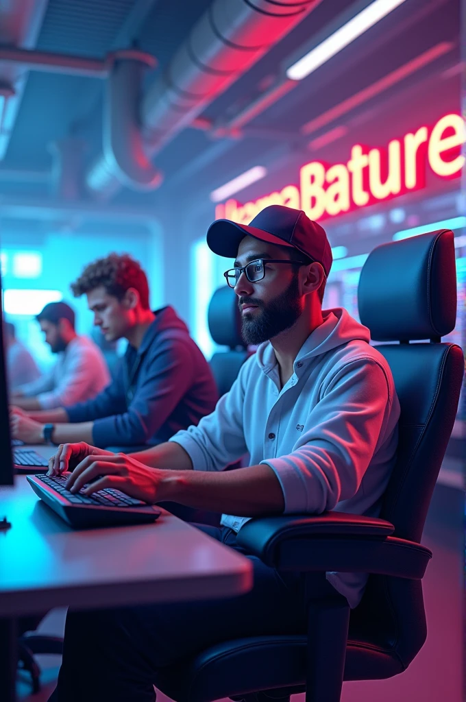 Crypto traders in chair with glasses and cap and in view company name USAMA BATURE in 3d