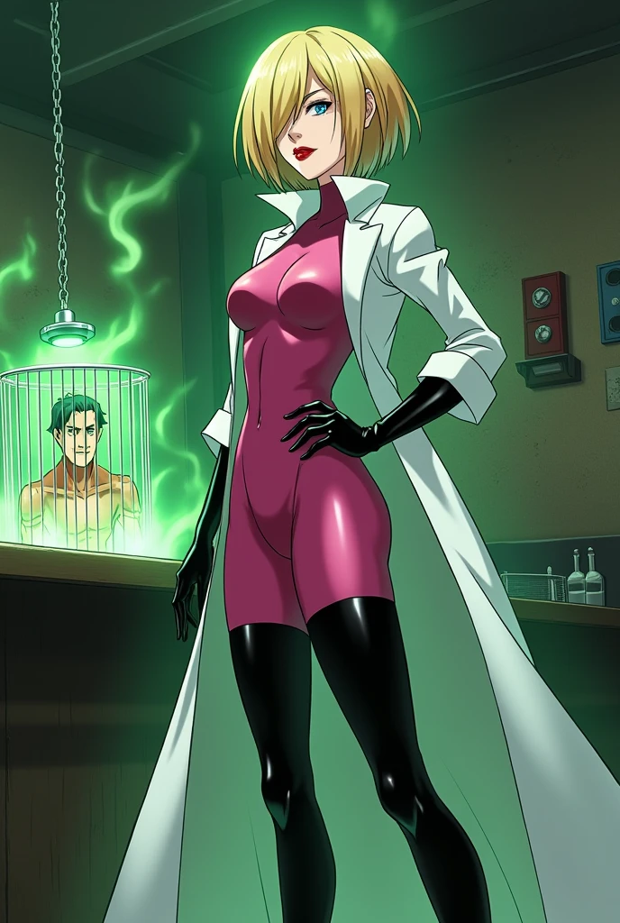 Anime style, Sultry and Beautiful young woman with a soul of pure evil and hatred. Short blonde hair that covers her left eye and blue eyed supervillain dressed in a sleek skintight pink bodysuit, long black gloves and black calf high boots. A long white lab coat over her bodysuit competes the look. She is posing and emanating green energy. She has a smile crossing her thin red lips. The setting is a dirty laboratory with a captured costumed hero in a cage. She is creating poisons in a lab.