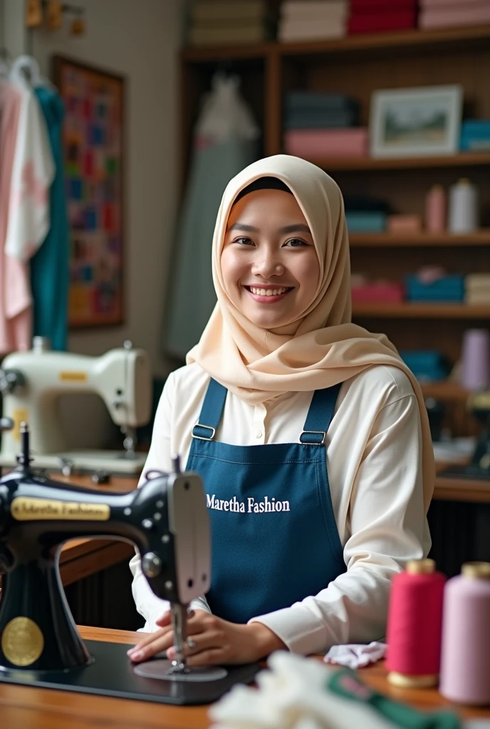 This image shows a young woman wearing a hijab who is in a sewing workshop.. The woman was wearing a cream-colored hijab and a blue apron with writing on it. "MARETHA FASHION" In front of him. In front of him is a sewing machine with writing "Indonesia," which shows that this is a local product.
This room is full of sewing equipment such as rolls of thread., cloth, scissors, and various other accessories neatly arranged on the table and walls. In the background, there are some pictures and clothes hanging on the wall, adding to the effect of this room as a place of active sewing.
This woman seems to be smiling, create a friendly and professional atmosphere.