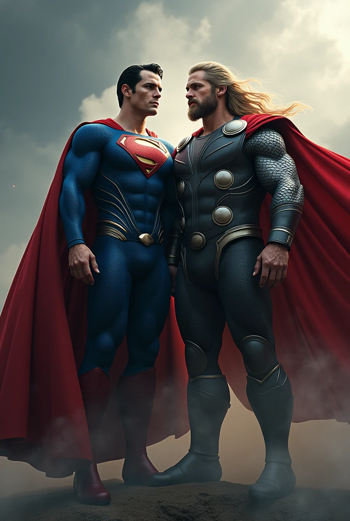 (photorealism:1.2), Superman and Thor standing side by side, their capes fluttering in the wind.
**Effects:** Add wind effects to make the capes flutter and a glowing aura around Thor's hammer.make sure that they are both floating in the air