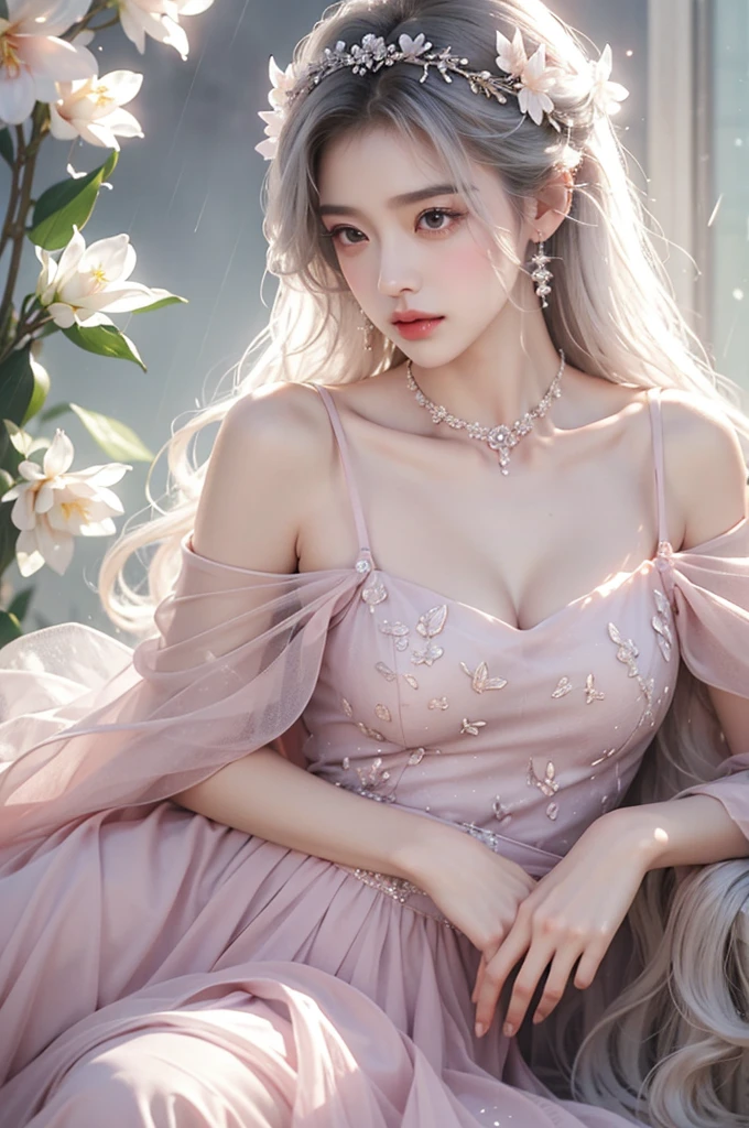 skirt, One hand resting on his lips、头发周围有白色Butterfly兰,Lilac dendrobium、orange lily、White Lily、1 girl、Full body image、White hair、Floating hair、Hazy Beauty、Full breasts, cleveage, Have extremely beautiful facial features、Hairpin on head、Lying in the flowers、Drag your chin with both hands、Perfect hands、Rosette、(spring、Rainy Day、Butterfly、cliff)、 Vector Art、Chinese Contemporary Art、Soft Light、intertwined scarves、look down